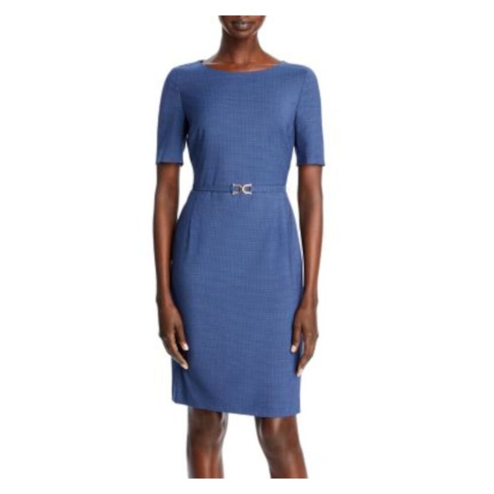 BOSS Womens Blue Belted Vented Lined Plaid Short Sleeve Sheath Dress 4